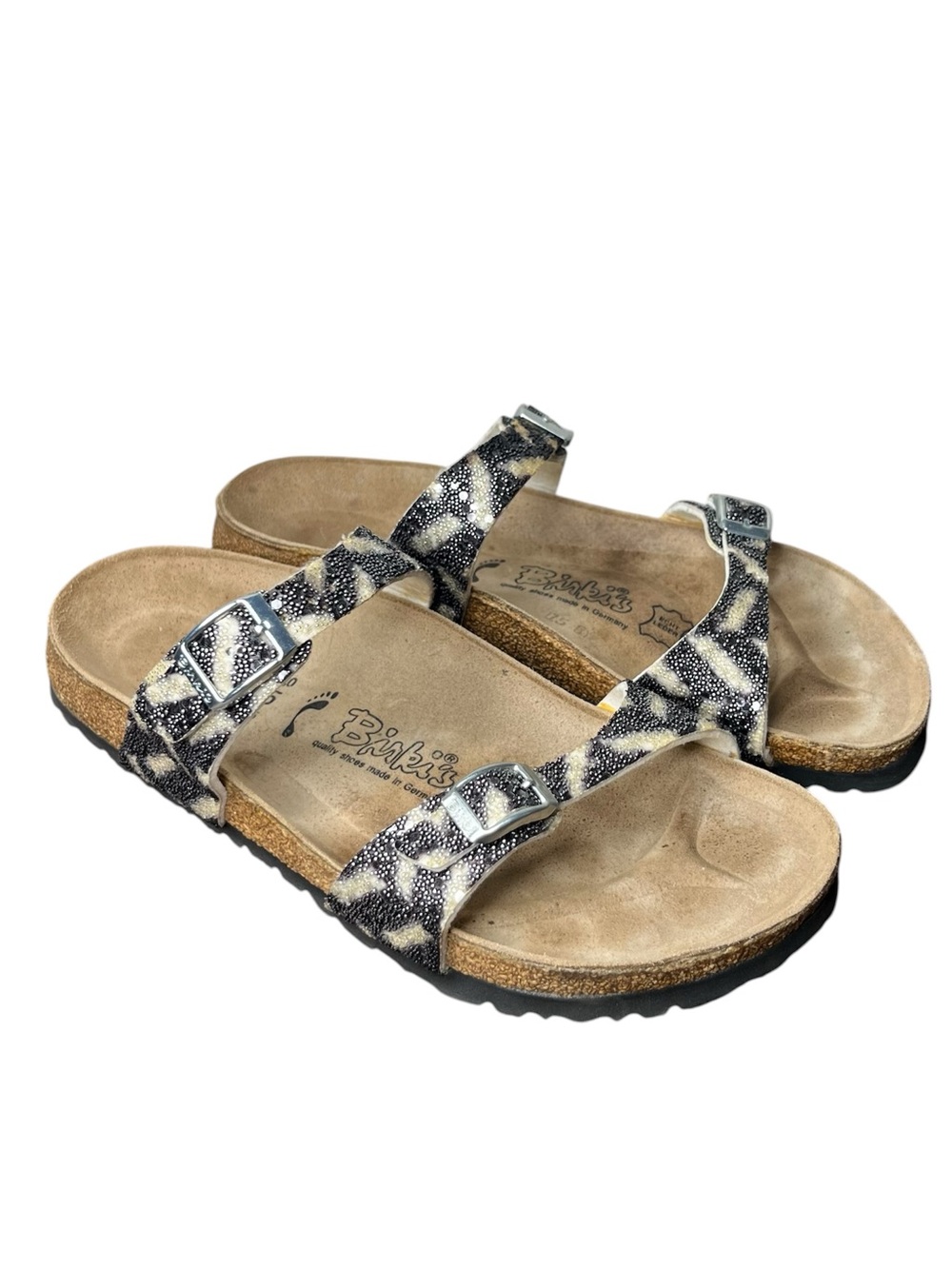 Birkis Tahiti Zebra Stripe Rhomb Glitter Two Strap Sandals Size 7